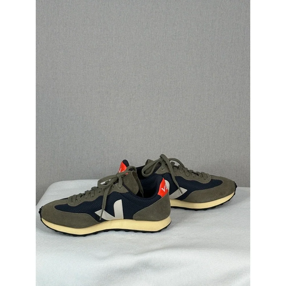 Veja Rio Branco Sneakers Womens 8 Khaki Navy Orange Retro Mesh Suede Runner